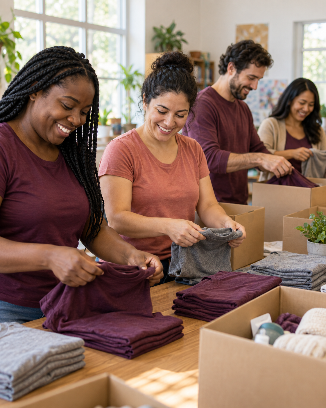 Illustrative community volunteers packing care kits together